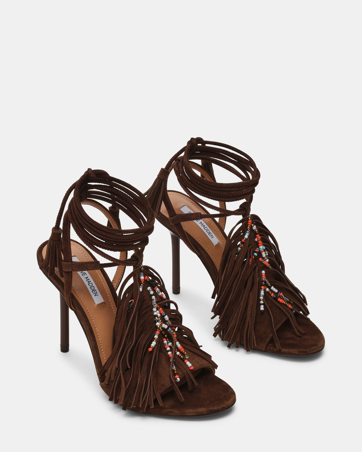 TALIA Brown Suede Fringe Beaded Stiletto Strappy Leg-Ties Women's Heel | Steve Madden