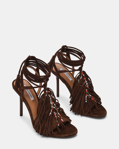 TALIA Brown Suede Fringe Beaded Stiletto Strappy Leg-Ties Women's Heel | Steve Madden