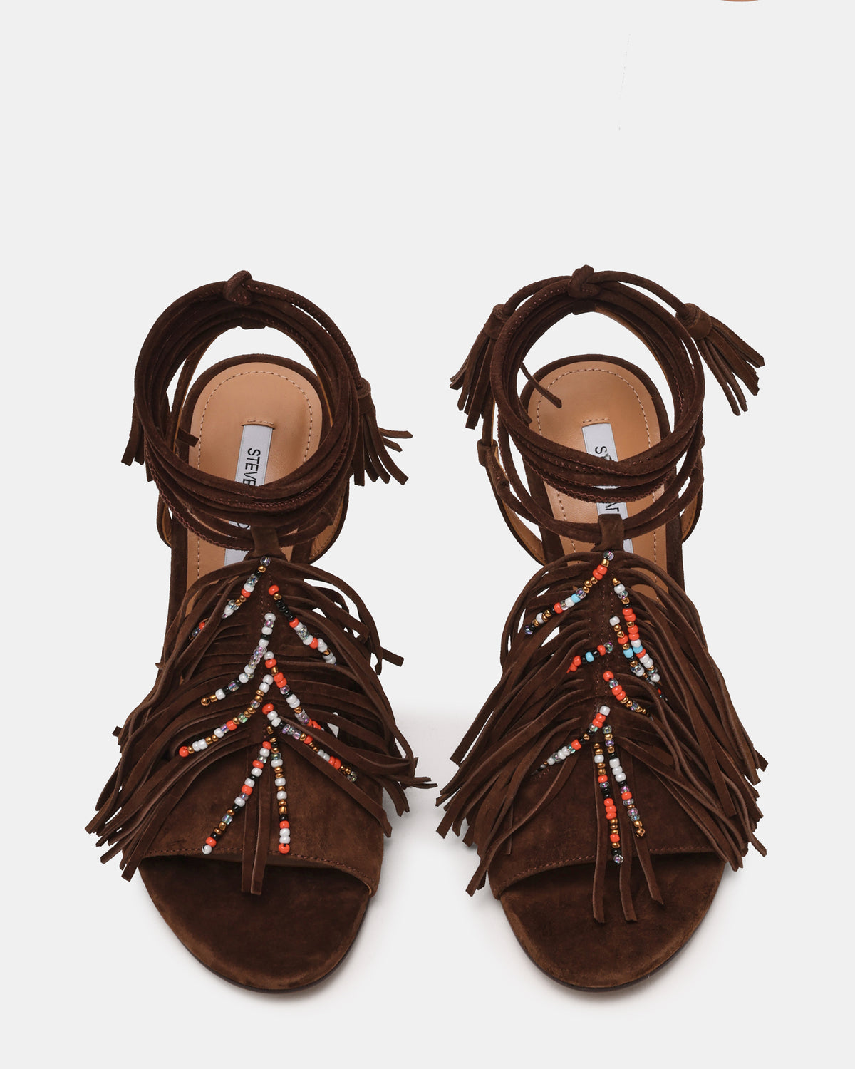 TALIA Brown Suede Fringe Beaded Stiletto Strappy Leg-Ties Women's Heel | Steve Madden