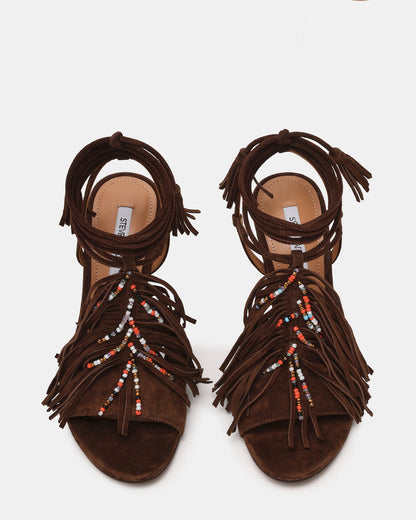 TALIA Brown Suede Fringe Beaded Stiletto Strappy Leg-Ties Women's Heel | Steve Madden