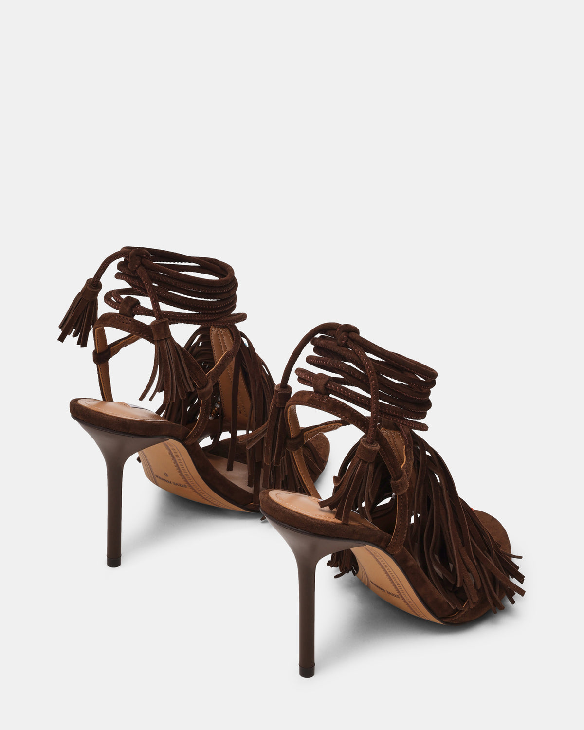 TALIA Brown Suede Fringe Beaded Stiletto Strappy Leg-Ties Women's Heel | Steve Madden