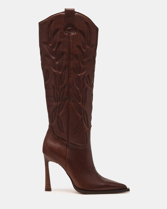 KINZEE Brown Leather Pointed-Toe Knee-High Western Stiletto Women's Boot | Steve Madden