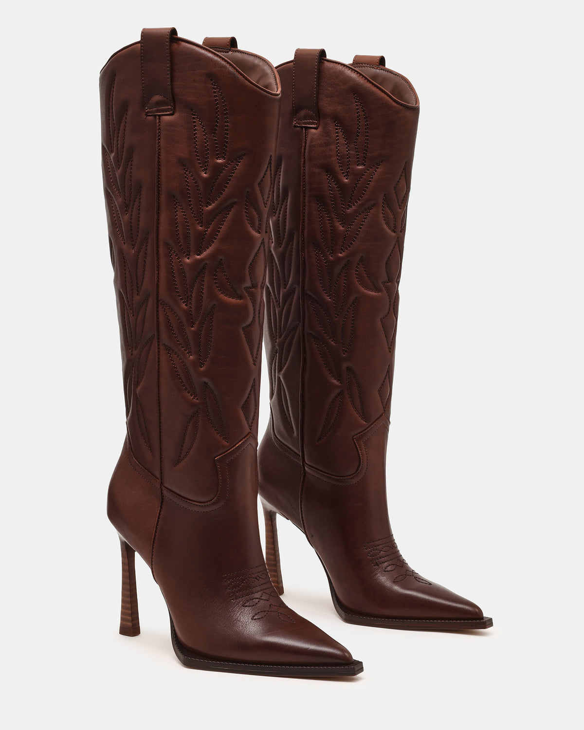 KINZEE Brown Leather Pointed-Toe Knee-High Western Stiletto Women's Boot | Steve Madden