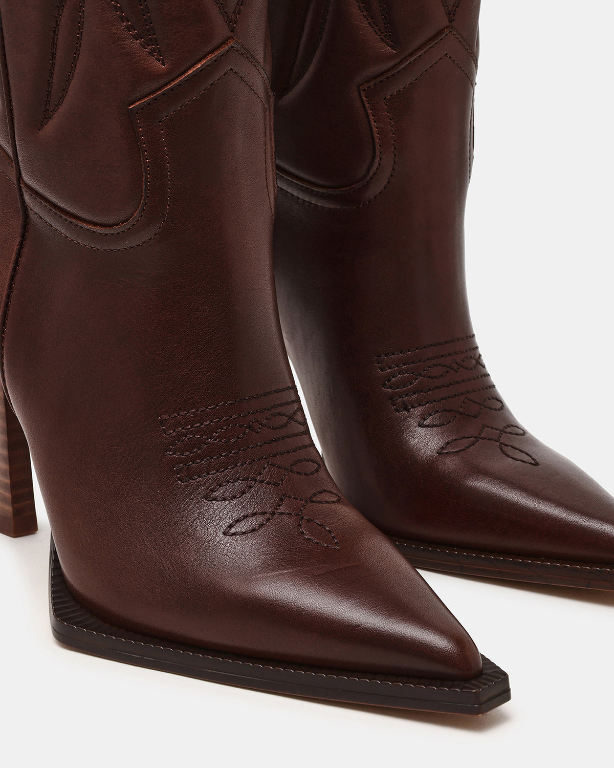 KINZEE Brown Leather Pointed-Toe Knee-High Western Stiletto Women's Boot | Steve Madden
