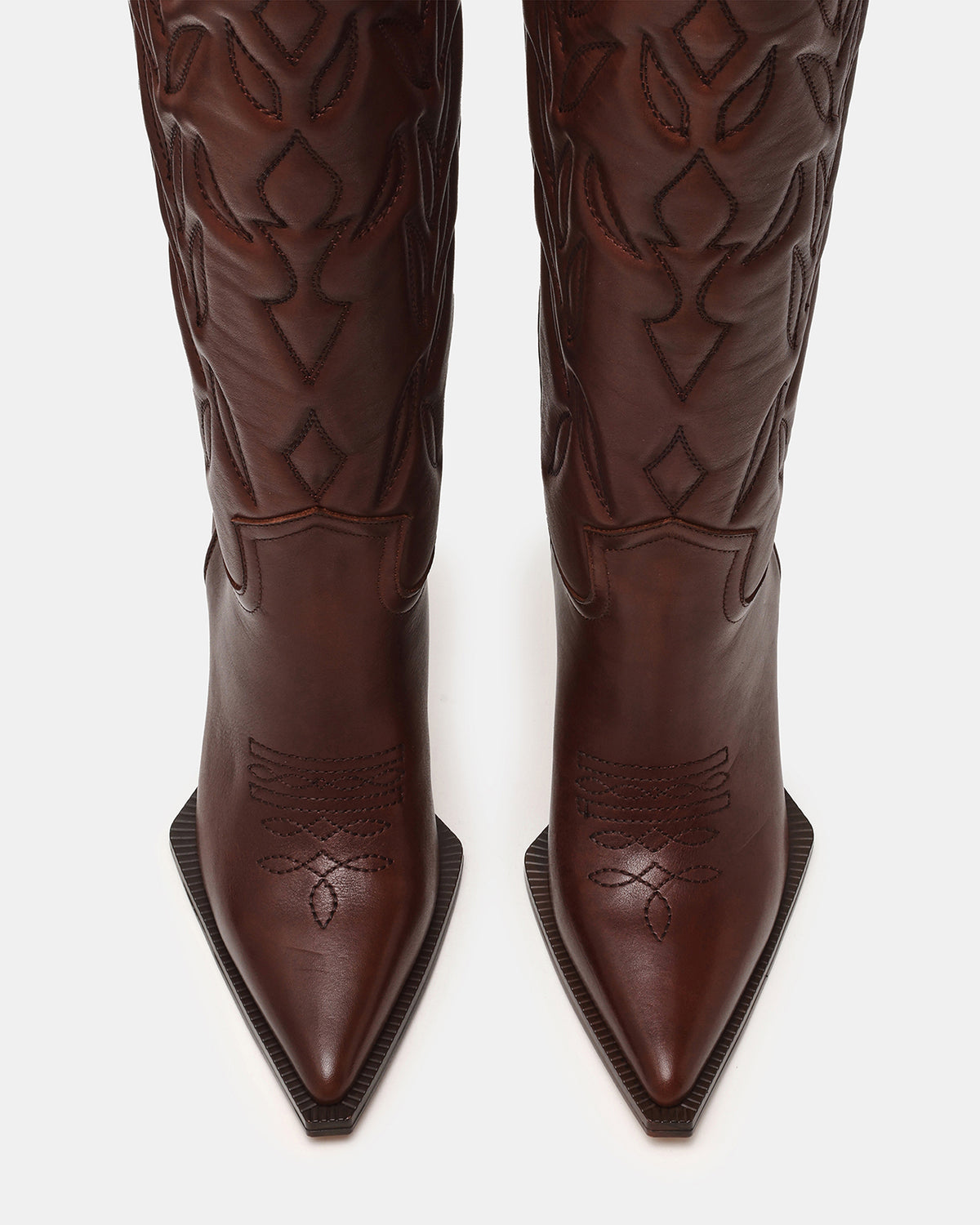 KINZEE Brown Leather Pointed-Toe Knee-High Western Stiletto Women's Boot | Steve Madden
