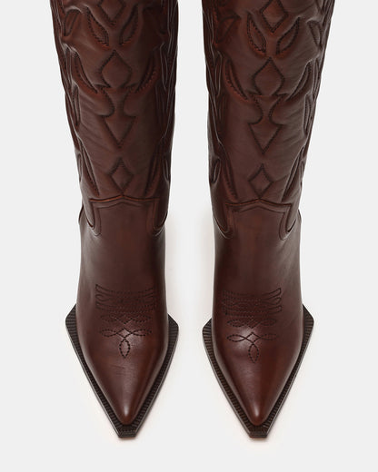 KINZEE Brown Leather Pointed-Toe Knee-High Western Stiletto Women's Boot | Steve Madden