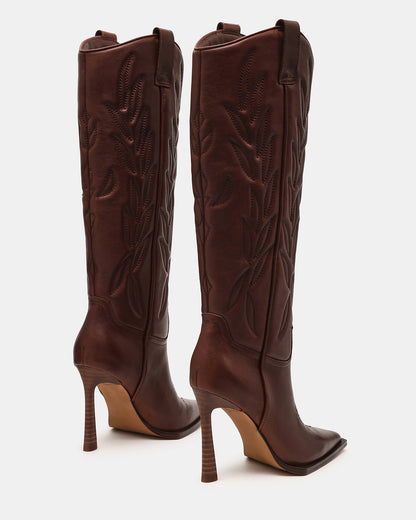 KINZEE Brown Leather Pointed-Toe Knee-High Western Stiletto Women's Boot | Steve Madden
