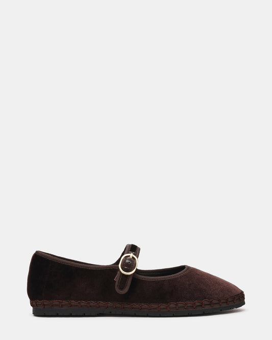 VELMA Brown Velvet Mary Jane Gold-Detail Buckle Women's Flat | Steve Madden