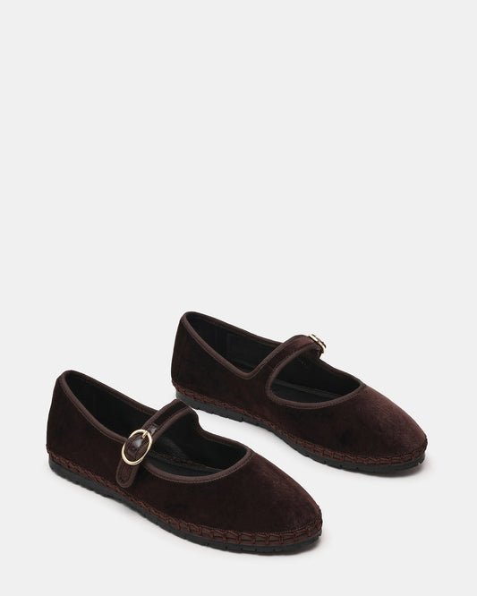 VELMA Brown Velvet Mary Jane Gold-Detail Buckle Women's Flat | Steve Madden