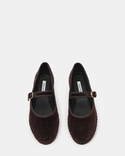 VELMA Brown Velvet Mary Jane Gold-Detail Buckle Women's Flat | Steve Madden