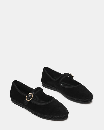 VELMA Black Velvet Mary Jane Gold-Detail Buckle Women's Flat | Steve Madden