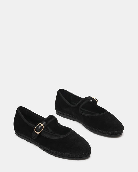 VELMA Black Velvet Mary Jane Gold-Detail Buckle Women's Flat | Steve Madden