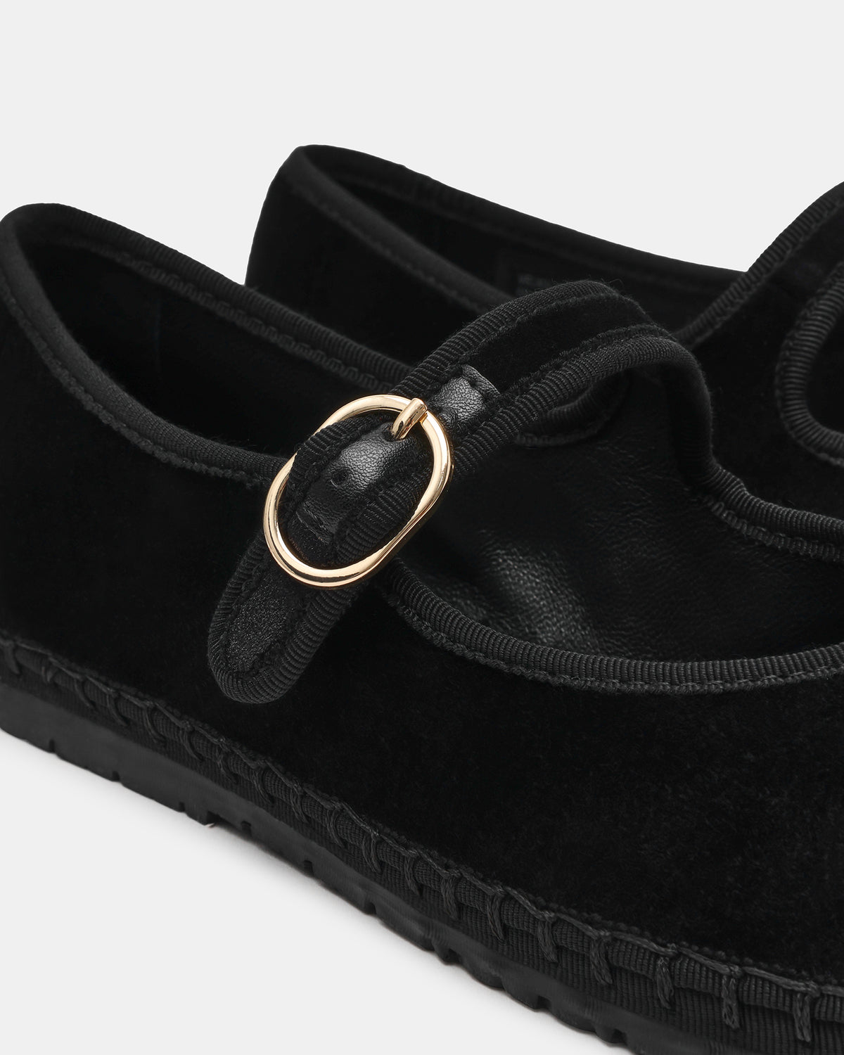 VELMA Black Velvet Mary Jane Gold-Detail Buckle Women's Flat | Steve Madden