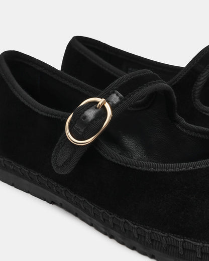 VELMA Black Velvet Mary Jane Gold-Detail Buckle Women's Flat | Steve Madden