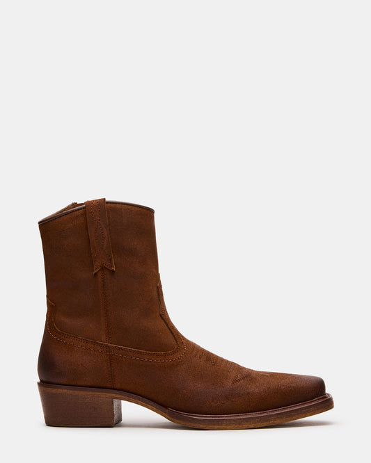 SANDERSON Dark Tan Square-Toe Western Men's Ankle Boot | Steve Madden