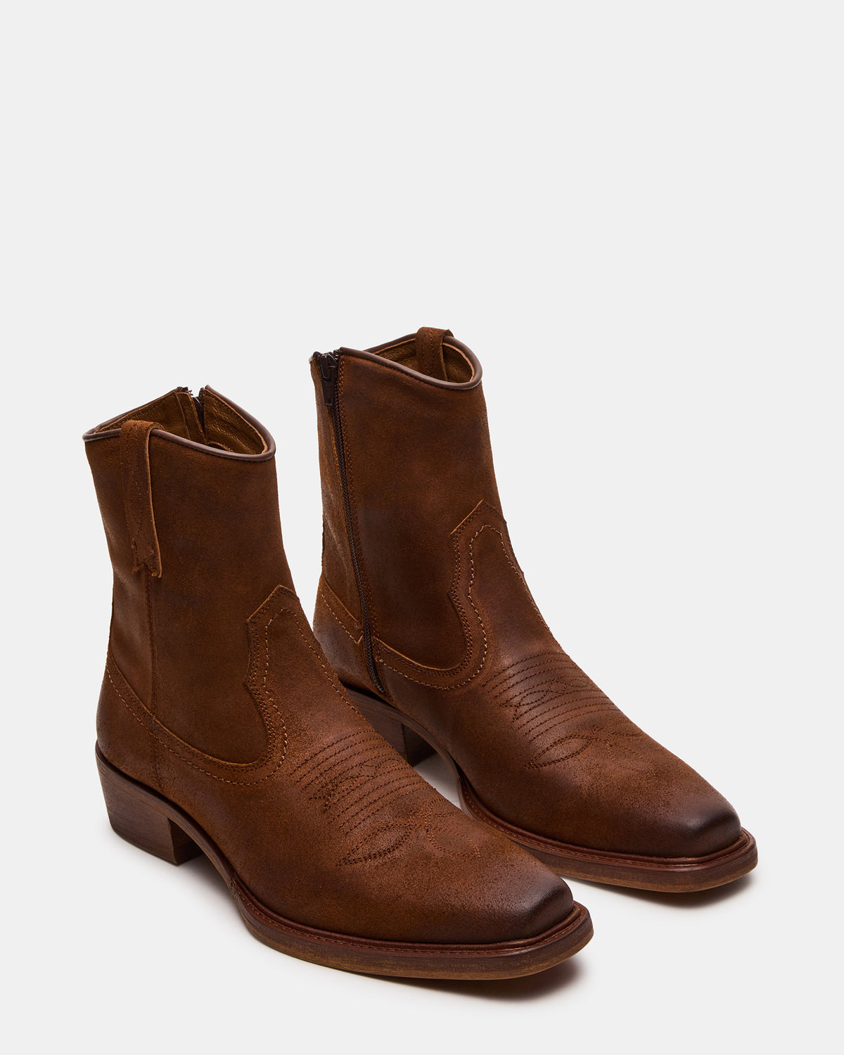 SANDERSON Dark Tan Square-Toe Western Men's Ankle Boot | Steve Madden