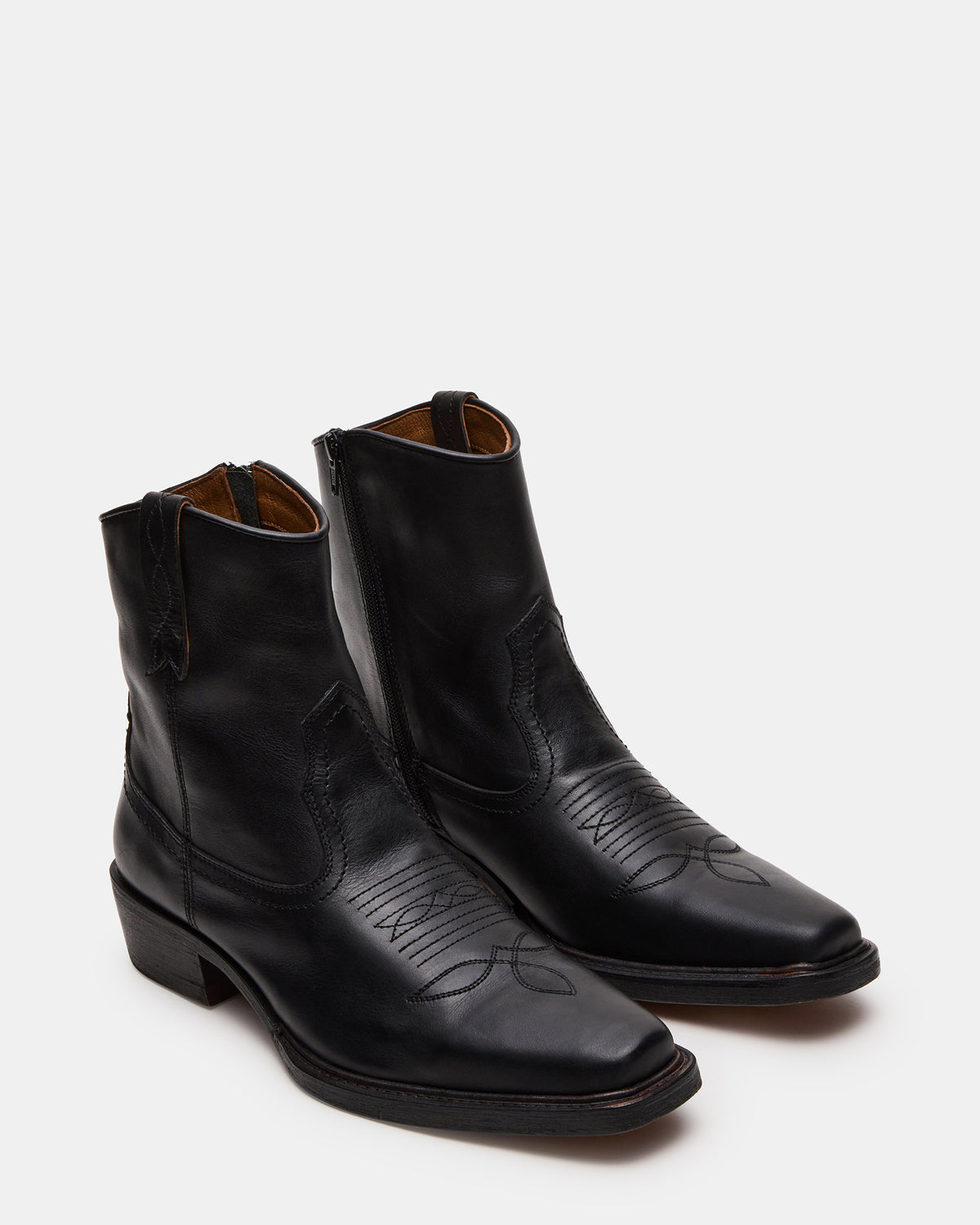 SANDERSON Black Leather Square-Toe Western Men's Ankle Boot | Steve Madden
