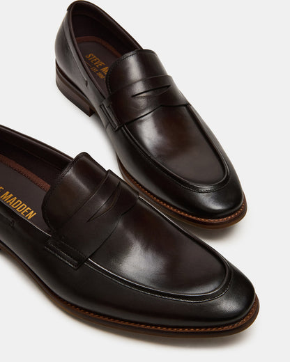 LIGHTNING Brown Leather Round-Toe Slip-On Men's Loafer | Steve Madden