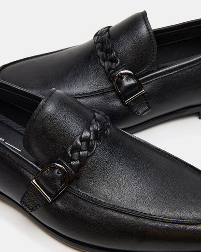 CHAPLIN Black Leather Woven-Strap Buckle Slip-On Men's Loafer | Steve Madden
