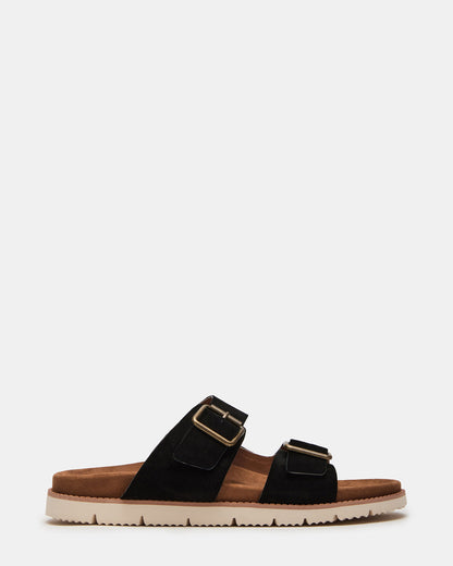 CORBAN Black Suede Men's Double Buckle Closure Footbed Sandal | Steve Madden