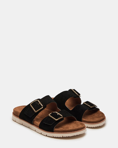 CORBAN Black Suede Men's Double Buckle Closure Footbed Sandal | Steve Madden