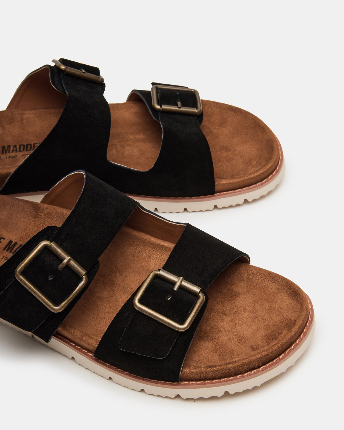 CORBAN Black Suede Men's Double Buckle Closure Footbed Sandal | Steve Madden