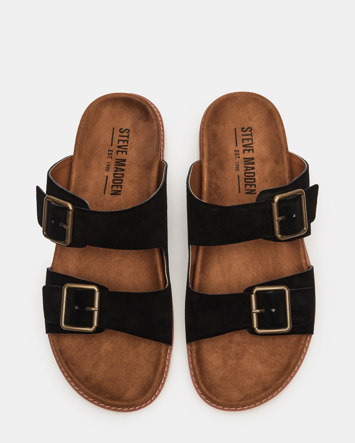 CORBAN Black Suede Men's Double Buckle Closure Footbed Sandal | Steve Madden