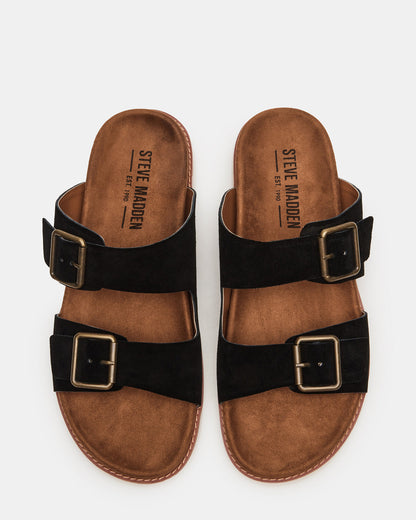 CORBAN Black Suede Men's Double Buckle Closure Footbed Sandal | Steve Madden