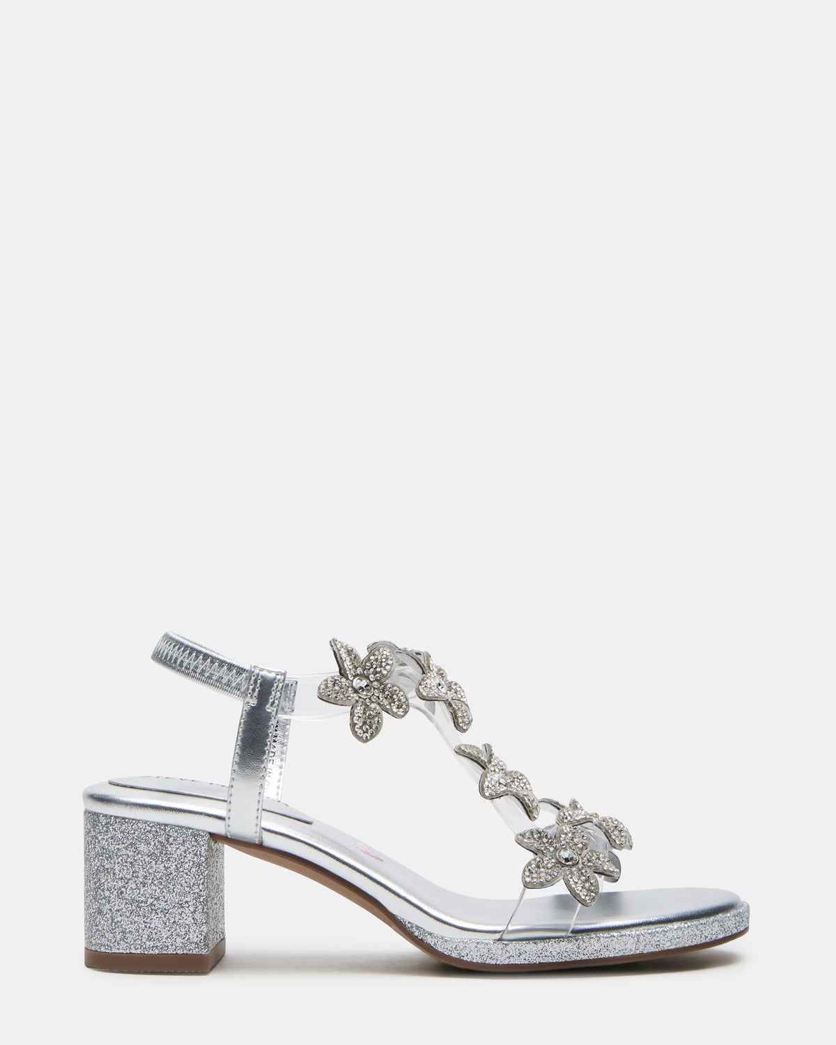 Kids' SAVVY Silver Girls' Strappy Rhinestone Block Heel | Steve Madden