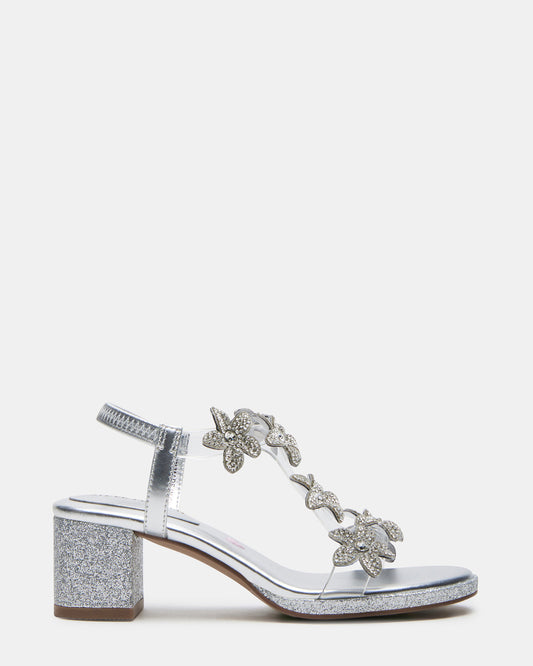 Kids' SAVVY Silver Girls' Strappy Rhinestone Block Heel | Steve Madden