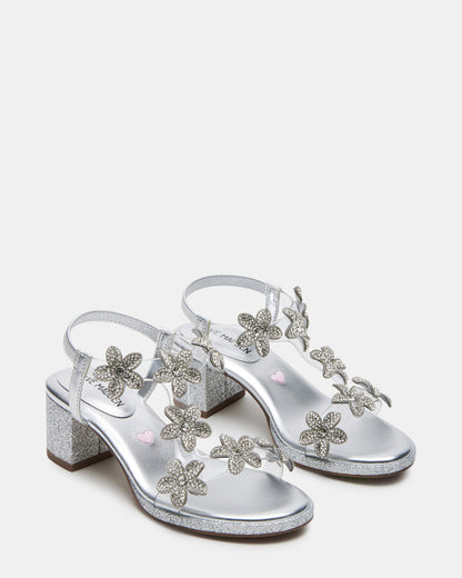 Kids' SAVVY Silver Girls' Strappy Rhinestone Block Heel | Steve Madden