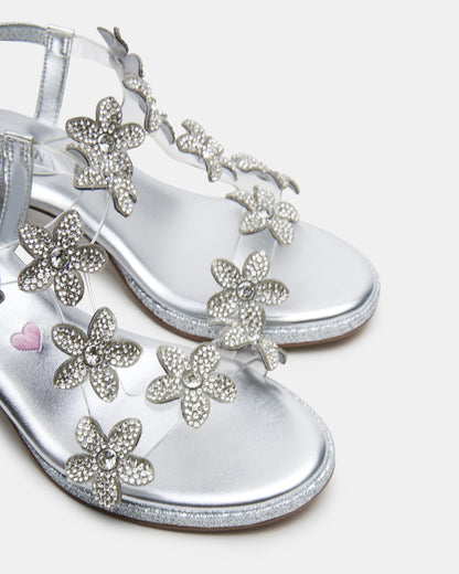 Kids' SAVVY Silver Girls' Strappy Rhinestone Block Heel | Steve Madden