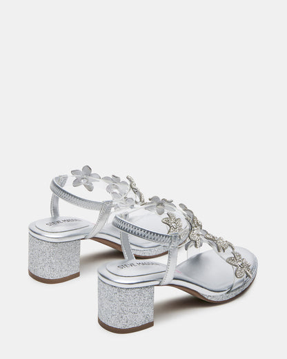 Kids' SAVVY Silver Girls' Strappy Rhinestone Block Heel | Steve Madden