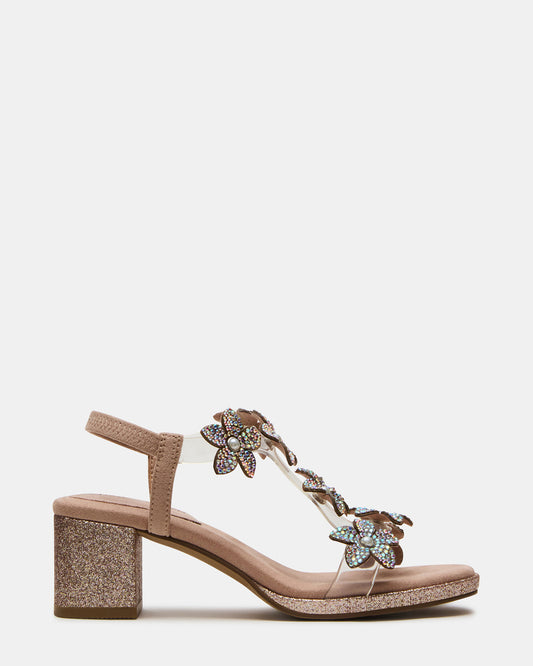 Kids' SAVVY Blush Girls' Strappy Rhinestone Block Heel | Steve Madden
