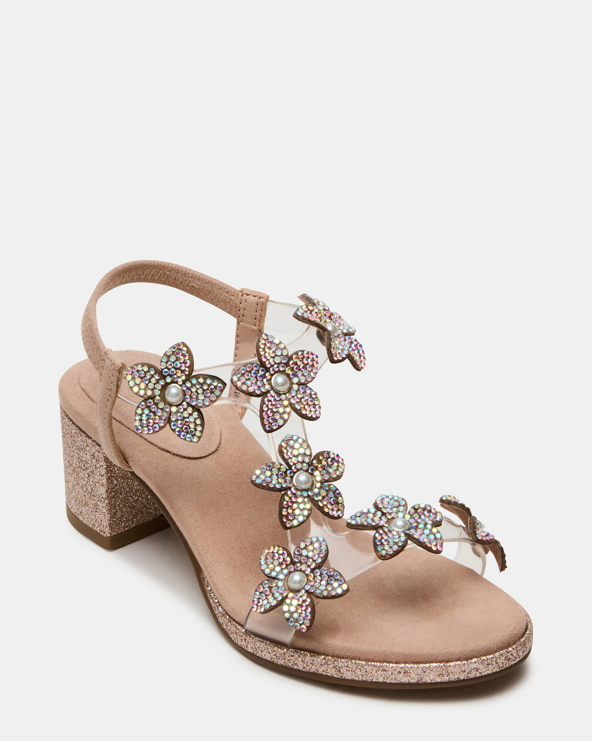 Kids' SAVVY Blush Girls' Strappy Rhinestone Block Heel | Steve Madden