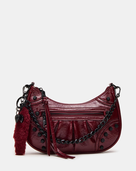 ERIKA Bag Wine Rhinestone Embellished Studded Crinkle Moto Crossbody Handbag | Steve Madden