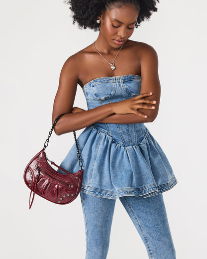 ERIKA Bag Wine Rhinestone Embellished Studded Crinkle Moto Crossbody Handbag | Steve Madden