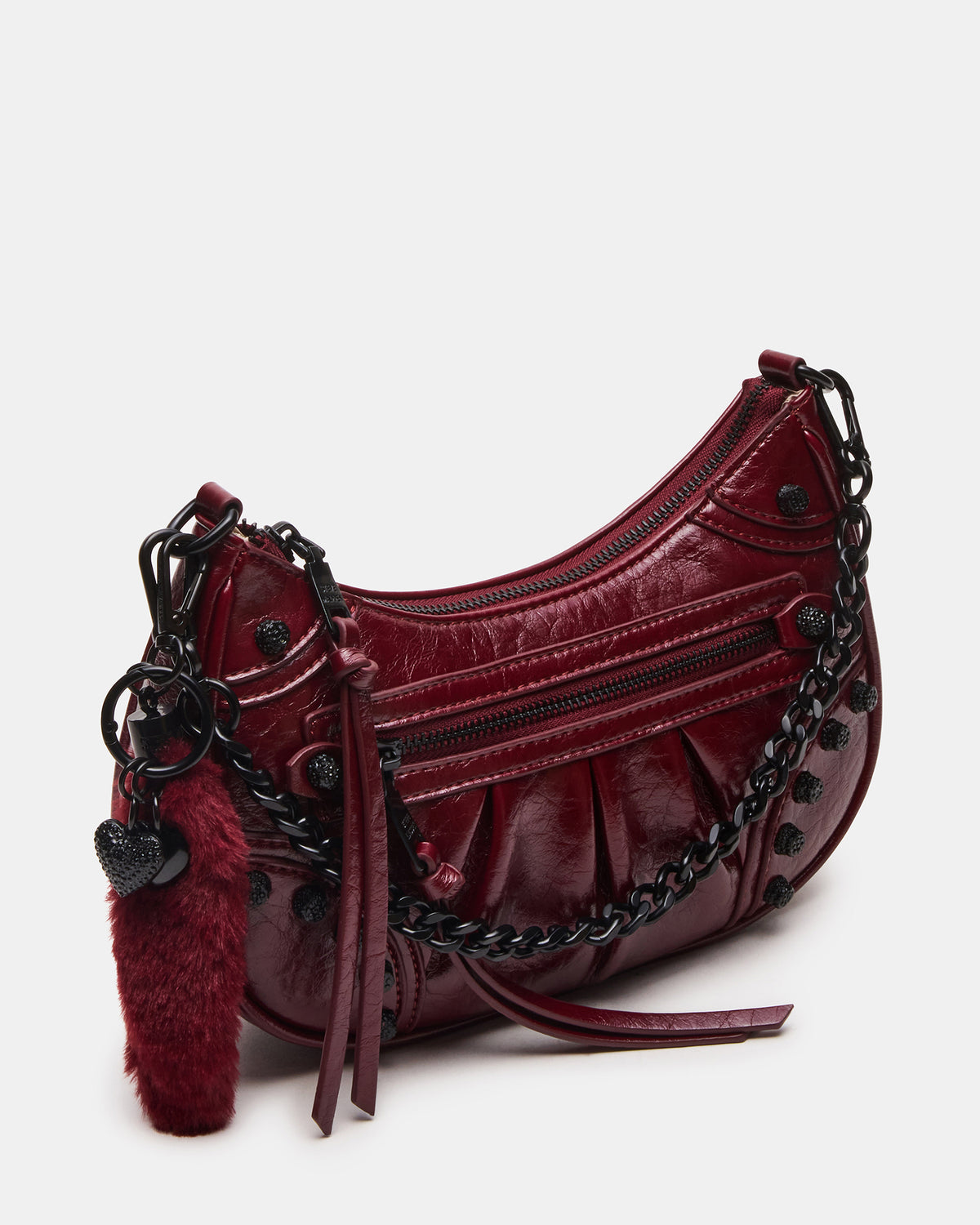 ERIKA Bag Wine Rhinestone Embellished Studded Crinkle Moto Crossbody Handbag | Steve Madden