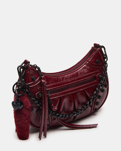 ERIKA Bag Wine Rhinestone Embellished Studded Crinkle Moto Crossbody Handbag | Steve Madden