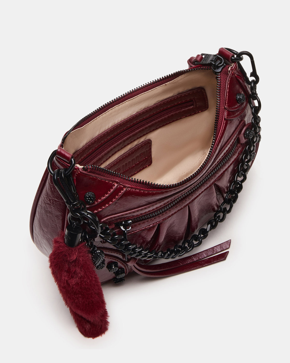 ERIKA Bag Wine Rhinestone Embellished Studded Crinkle Moto Crossbody Handbag | Steve Madden
