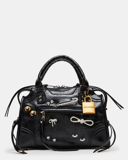 RIGGS Bag Embellished Black Distressed Slouchy Top-Handle Crossbody Satchel Handbag | Steve Madden