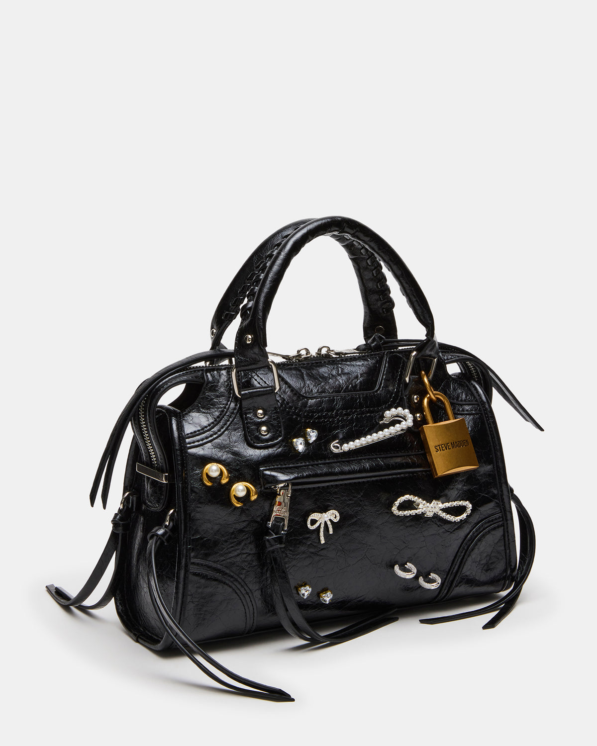 RIGGS Bag Embellished Black Distressed Slouchy Top-Handle Crossbody Satchel Handbag | Steve Madden