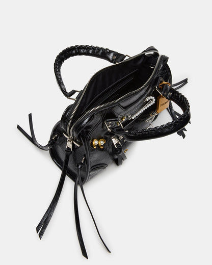 RIGGS Bag Embellished Black Distressed Slouchy Top-Handle Crossbody Satchel Handbag | Steve Madden
