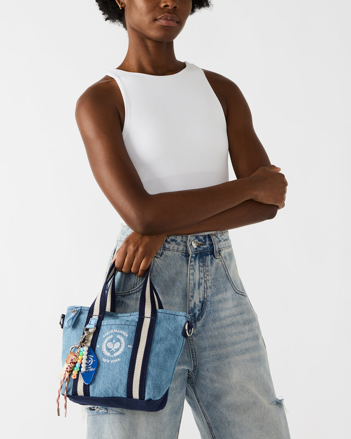 COLLEGE Bag Denim Top-Handle Crossbody Tote Handbag | Steve Madden