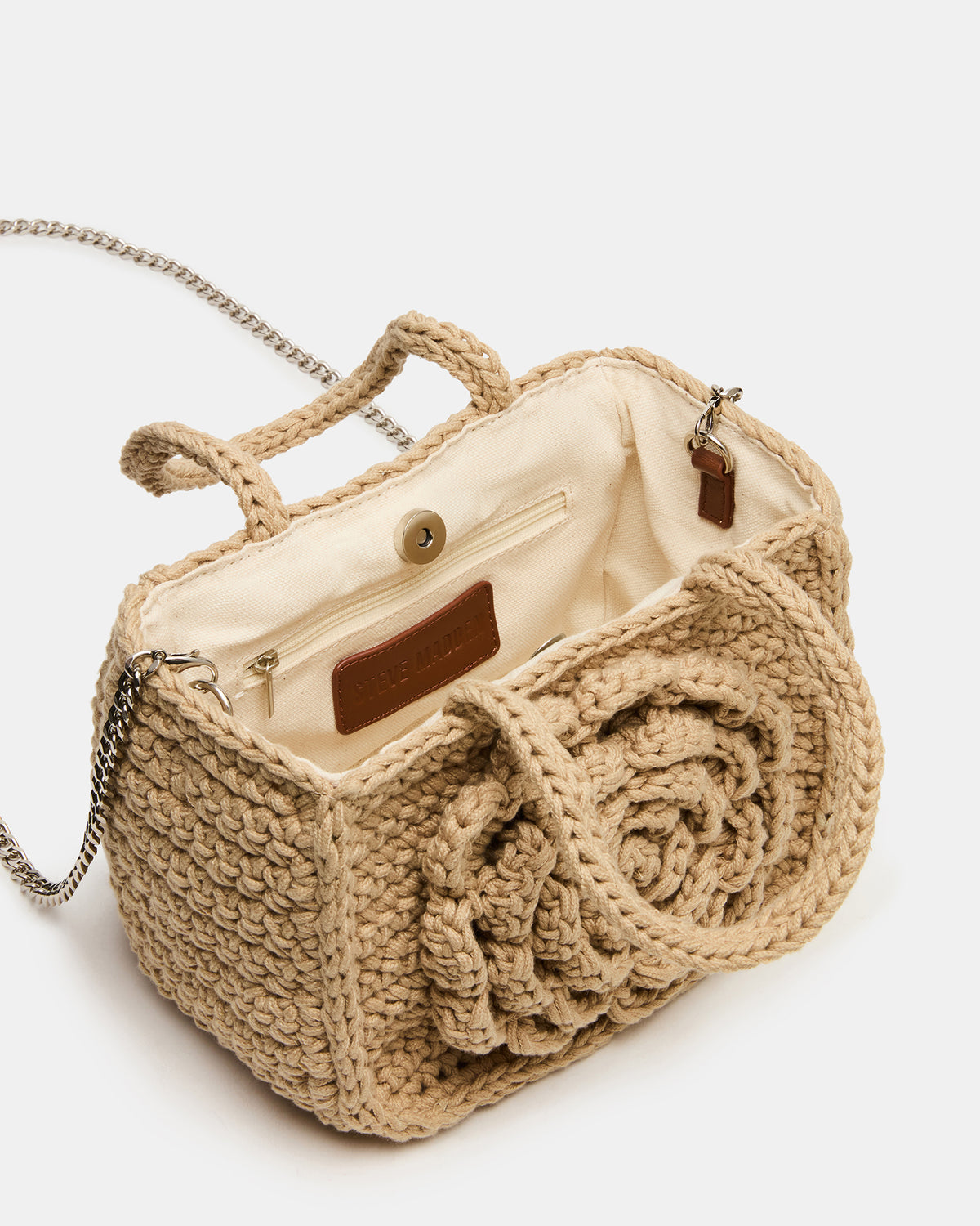 LUVLY Bag Natural Mini Top-Handle Flower Decal Crochet Crossbody Handbag | Steve Madden