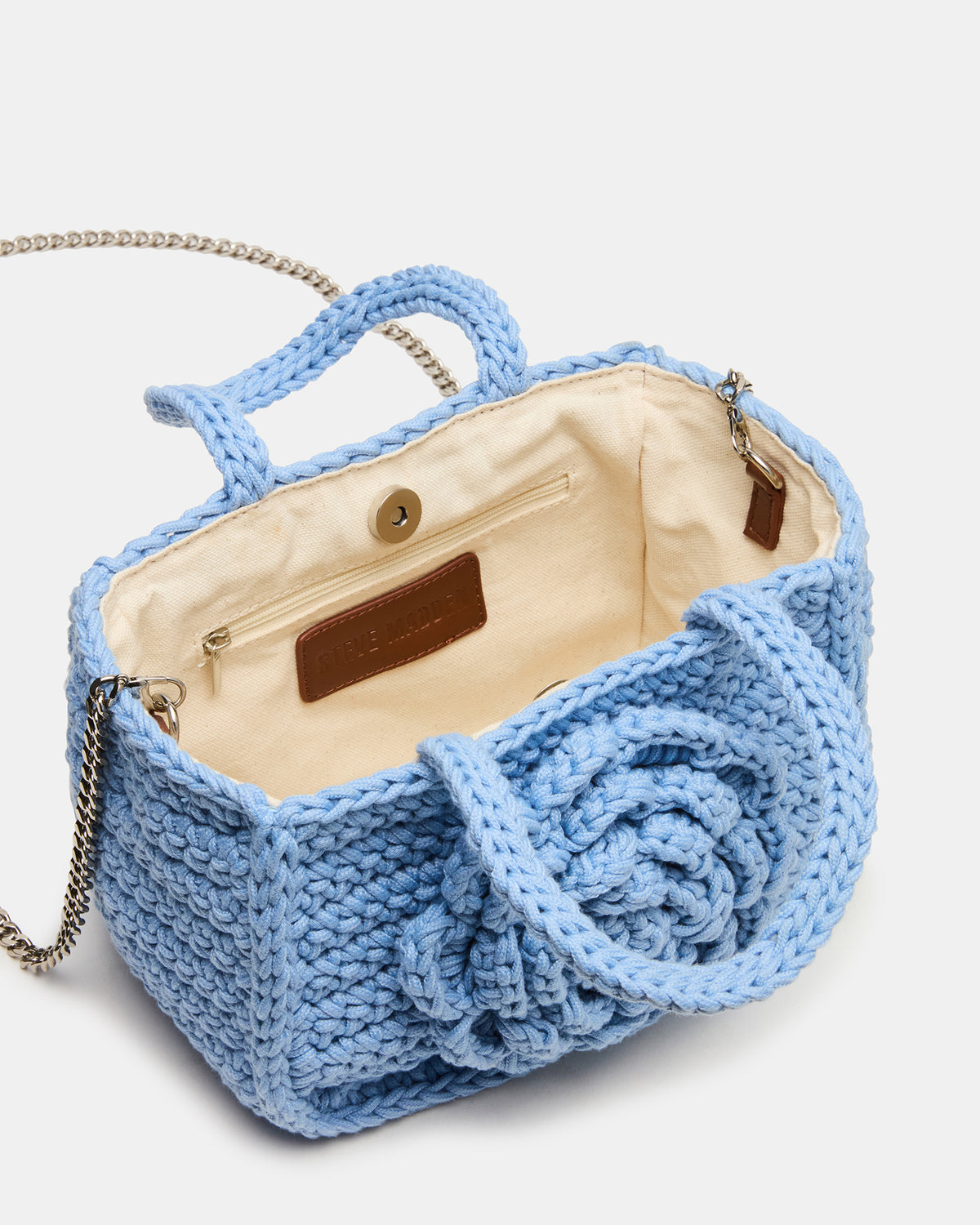 LUVLY Bag Light Blue Mini Top-Handle Flower Decal Crochet Crossbody Handbag | Steve Madden