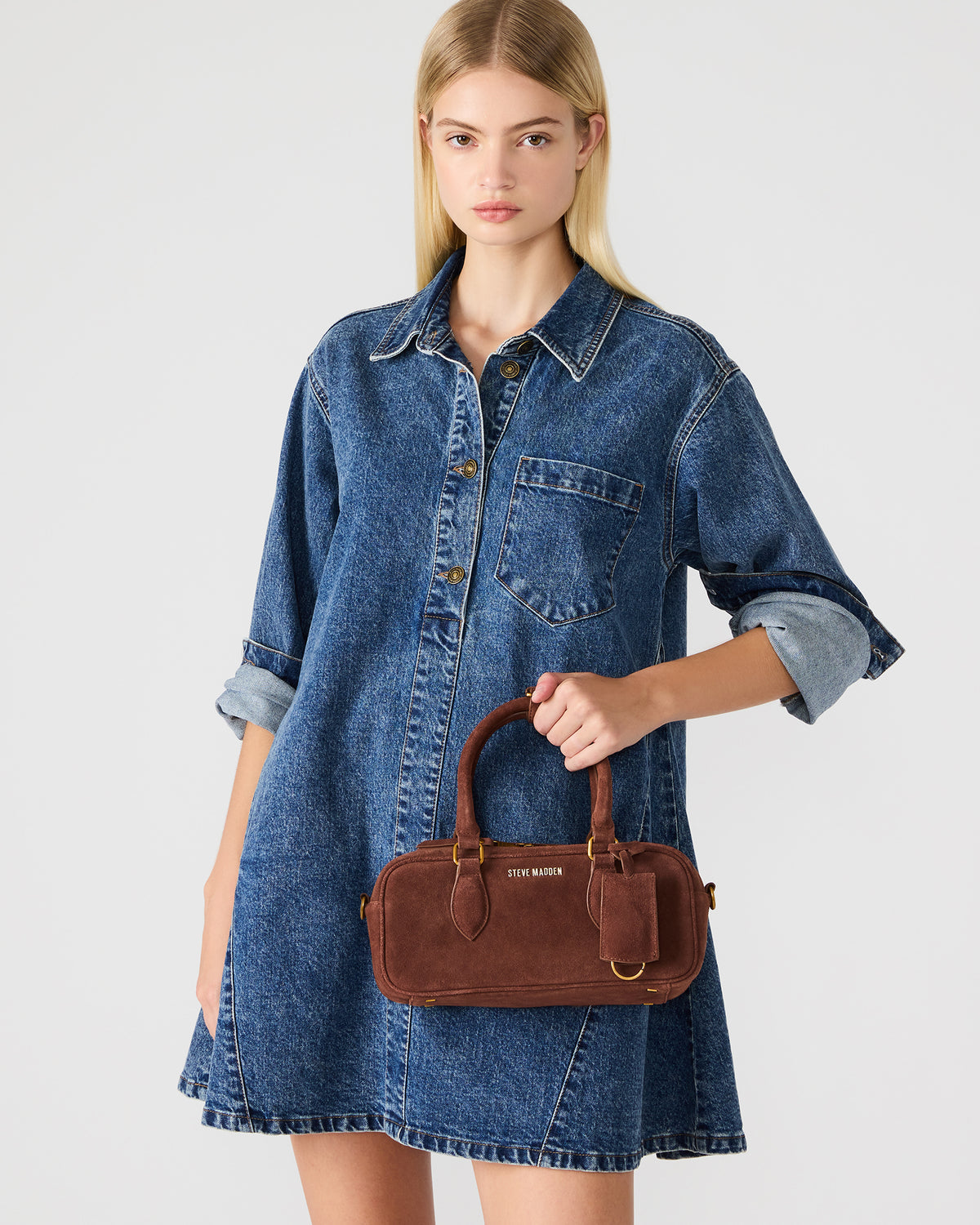 MERIT Bag Chestnut Suede Top-Handle Satchel Crossbody Handbag | Steve Madden
