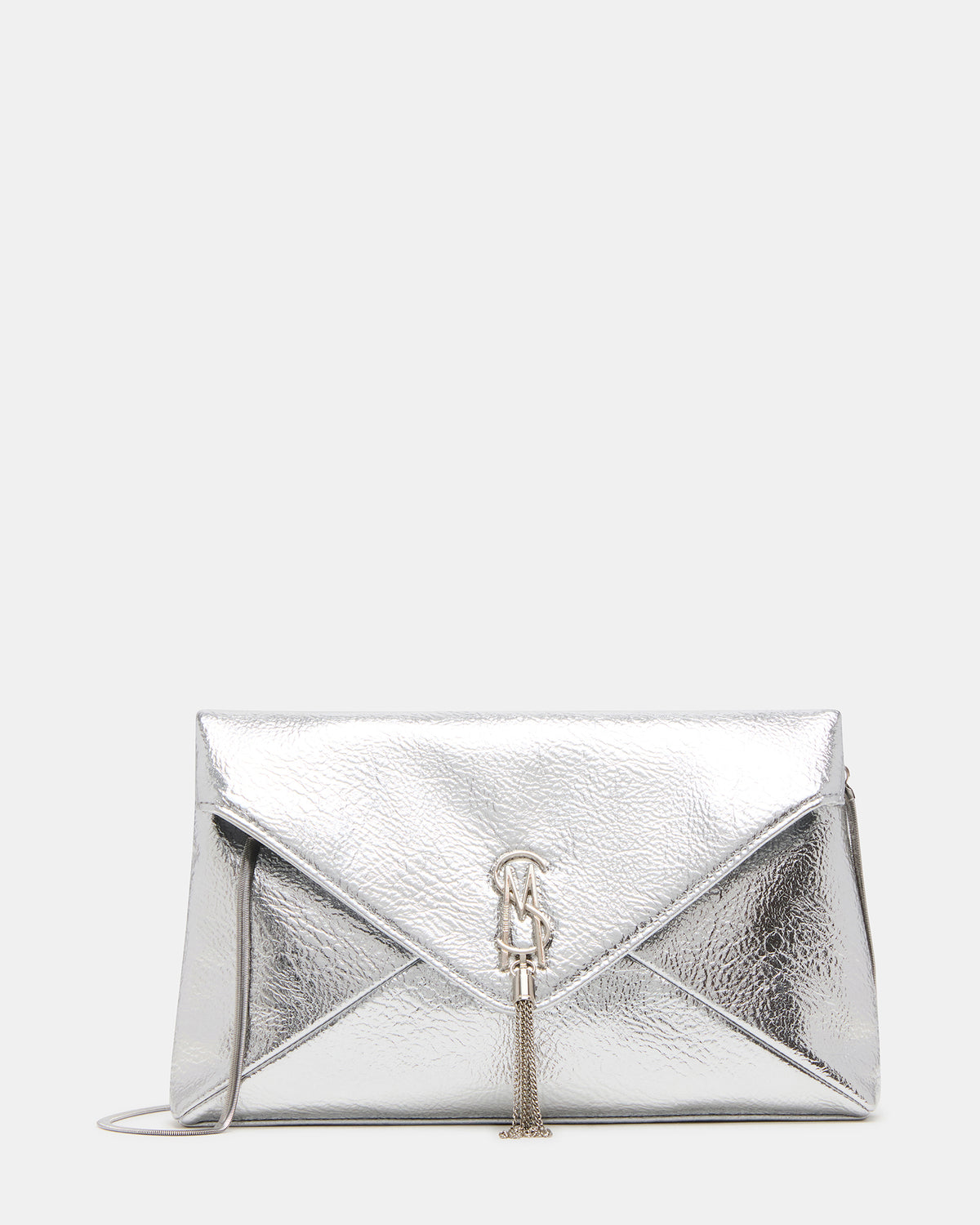 PARTAY Bag Silver Oversized Crinkle Envelope Logo Clutch Handbag | Steve Madden