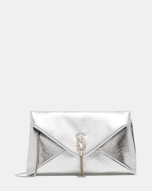 PARTAY Bag Silver Oversized Crinkle Envelope Logo Clutch Handbag | Steve Madden
