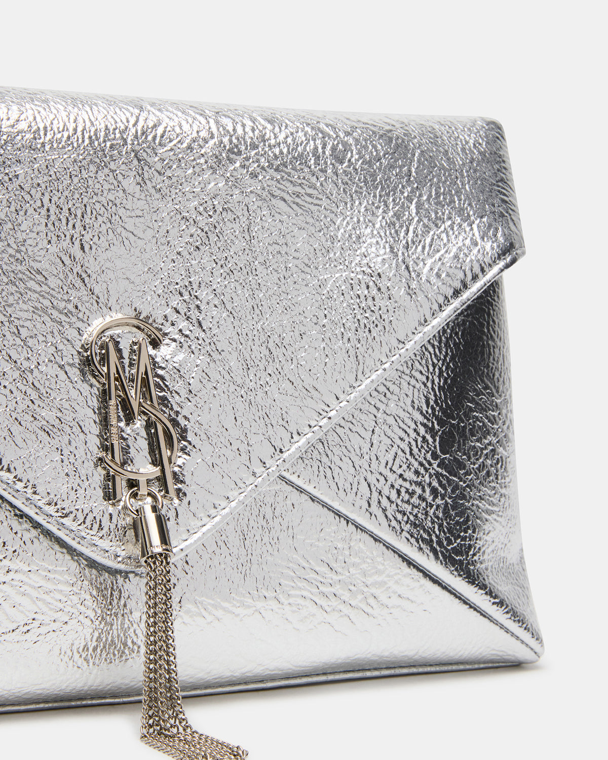 PARTAY Bag Silver Oversized Crinkle Envelope Logo Clutch Handbag | Steve Madden
